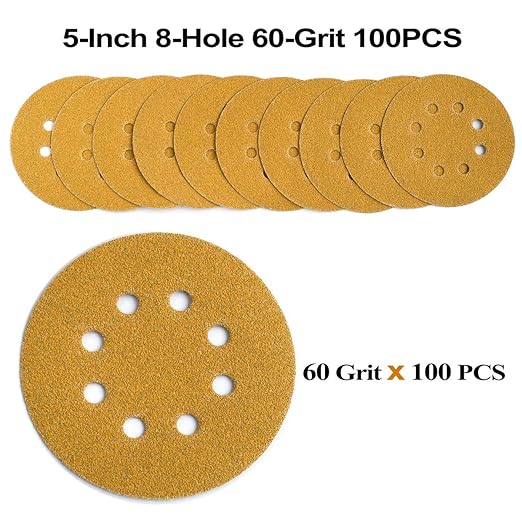 5-Inch 8-Hole Hook and Loop Sanding Discs 60-Grit Random Orbit Sandpaper, 100-Pack