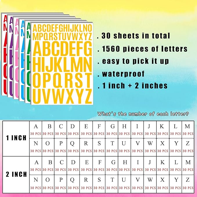 Bemeol Letter Stickers 1560 Pieces 30 Sheets Stick on Vinyl Letters Capital Alphabet Sticker Letter for Craft Bulletin Boards Classroom Home Business Decor(Multicolor,1 Inch,2 Inch)