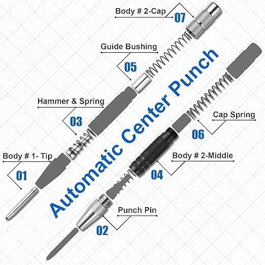 2Pcs Center Punch, 6Inch Automatic Center Punch Super Strong, Adjustable Spring Loaded Hole, Hardened Steel Auto Marker Tool for Metal, Wood, Glass by Pniimoo