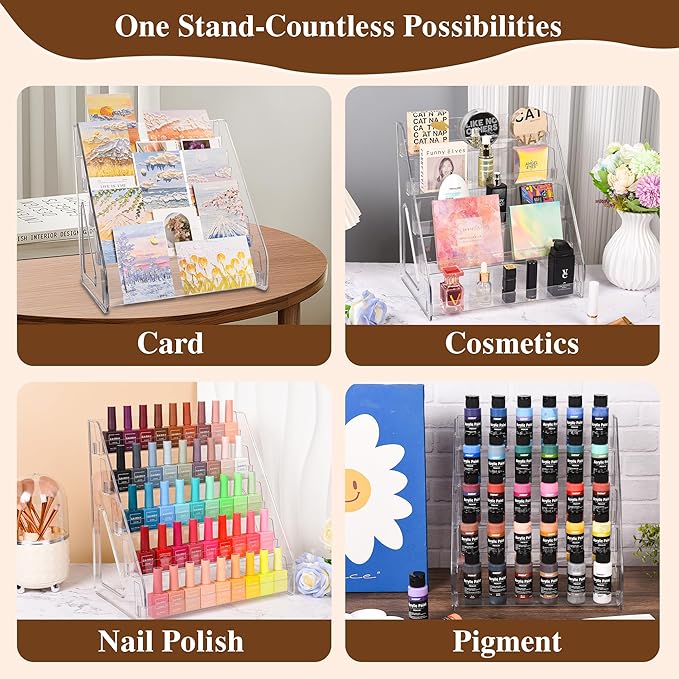 Elevated 5 Tier Clear Acrylic Card Display Stand for Trading Cards, Sports Cards, Greeting Cards, Stickers – Slanted Holder for PSA Slabs, Vendors, Collectors & Retail (5 Tier 1 Pack)