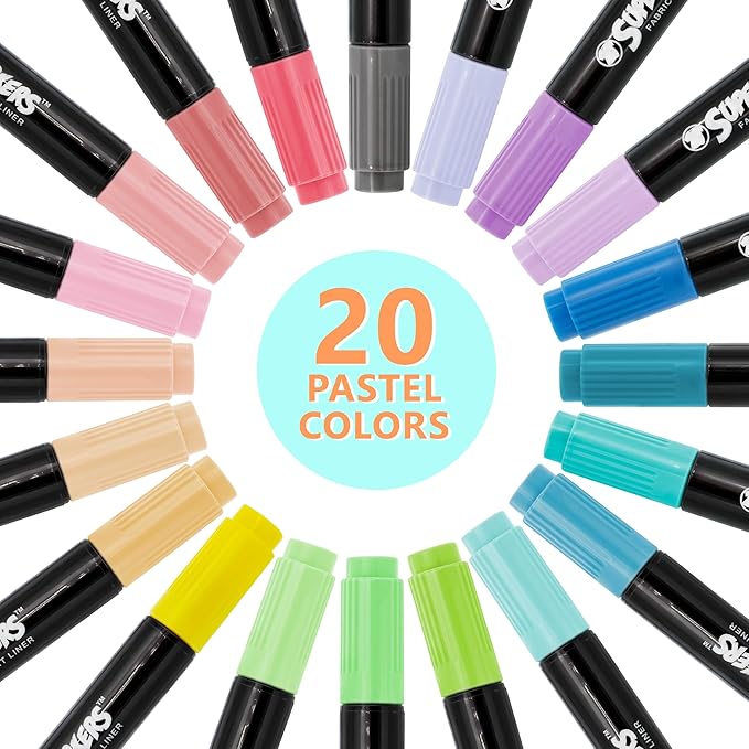 Super Markers 60 Unique Primary, Pastel, Neon Colors Dual Tip Fabric & T-Shirt Marker Set - Double-Ended Fabric Markers with Chisel Point and Fine Point Tips - Bright Vibrant Bold Permanent Ink Colors