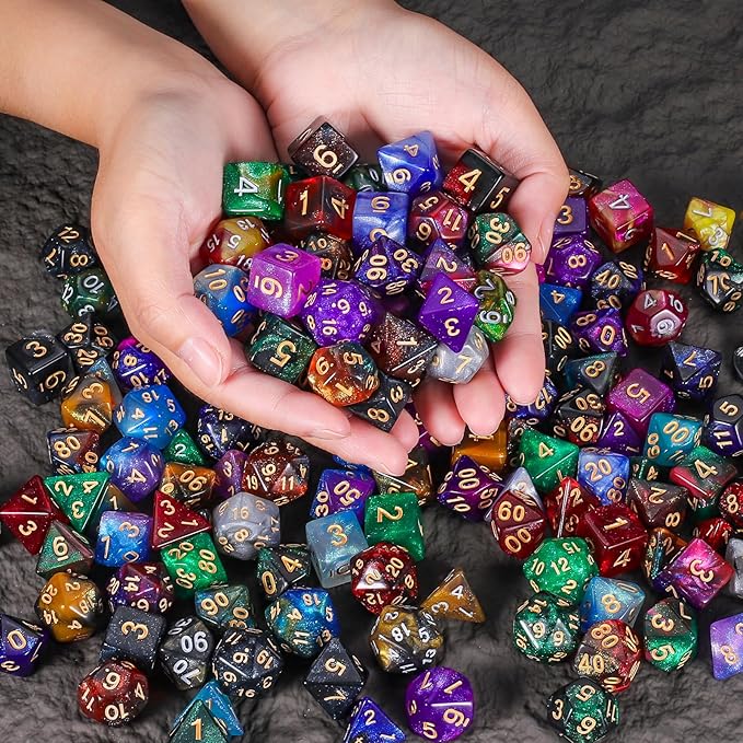 CiaraQ DND Dice Sets - 26 X 7 Polyhedral Dice (182pcs) with a Large Drawstring Bag for Dungeons and Dragons, Role Playing Table Game. Multiple Colors, Glitter Swirl Design with Gold Numbers.