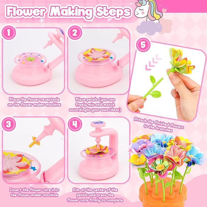 cosone Crafts Kits for Kids Ages 4-8, DIY Fabric Flower Bouquet Kit for 5 6 7 8 Year Girls Unicorn Flower Press Toys Educational Toy Preschool Birthday Gifts for Girls Handmade Activity Set - Pink