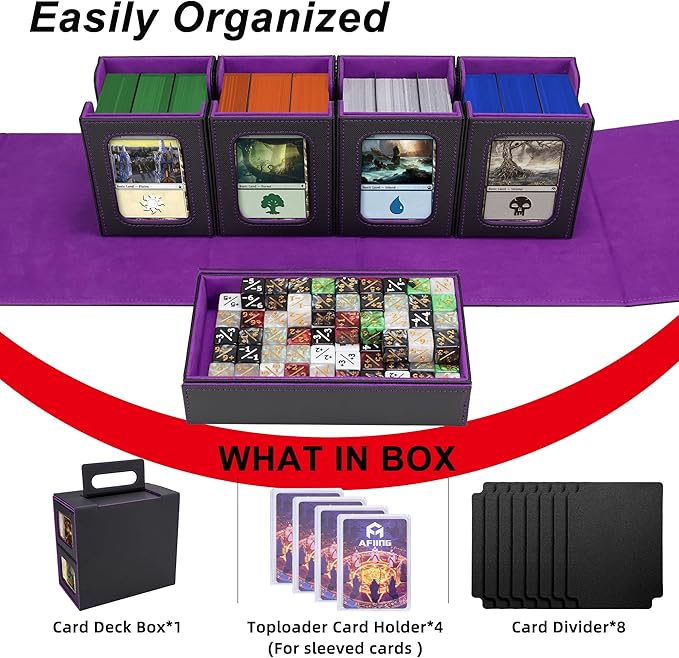 AFIING Commander Deck Box for MTG/EDH, Fits 400+ Double-Sleeved Cards, with Display Window, 4 Removable Deck Cases, Dividers, Dice Tray & Handle, Card Holders for TCG (Black Purple)