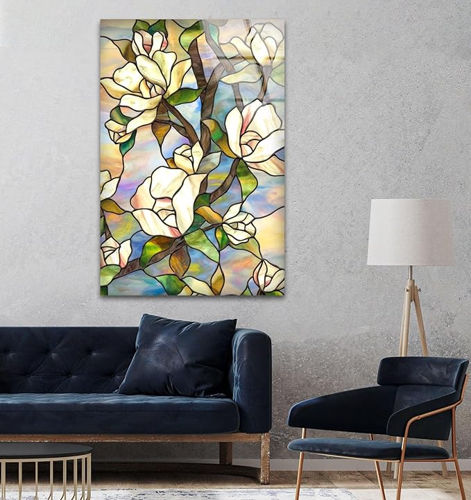 My Photostation.com 14Wx20H'' Stained Magnolia Glass Wall Art Tempered Glass Printing Wall Decor Large Wall Art Wall Hangings