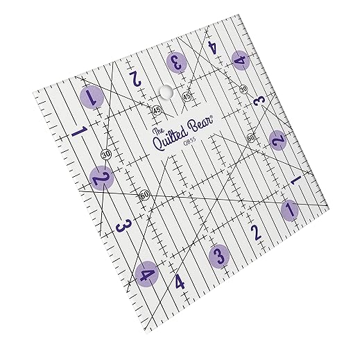 The Quilted Bear Quilting Rulers - Transparent Acrylic Non Slip Quilting, Patchwork & Sewing Ruler with Clear Black Lines & 30, 45 & 60 Degree Angles for Perfect Accuracy & Precision (5" x 5")