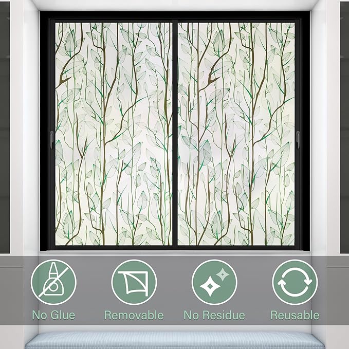 Donox Frosted Glass Window Film Heat Control UV Blocking, Static Cling Reusable Home Bathroom Door Window Privacy Film, Green Leaf Pattern Window Covering with Installation Tool, 17.5 in x 6.5 feet