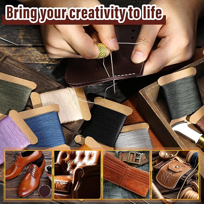 Upholstery Repair Kit, 0.55mm 98 Yard (3 Colors) Waxed Thread with 8 Pcs Heavy Duty Leather Needles for Hand Stitching, Canvas & Quilting - Round Waxed Thread- Black/Gray/Brown