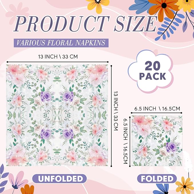 Crtiin 20 Pack Assorted Floral Napkins for Decoupage Toilet Napkins Flower Cocktail Decorative Paper for Birthday Party Beautiful Gorgeous, 20 Styles Each 6.5 inches(Style 6)