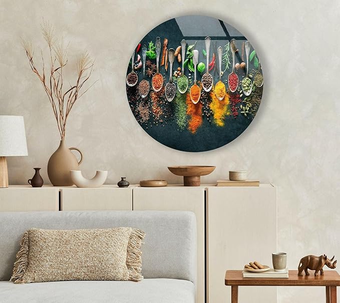 My Photostation.com 39,4''(100cm) Diameter Colorful Herbs Round Glass Wall Art Tempered Glass Printing Wall Decor Large Wall Art Wall Hangings
