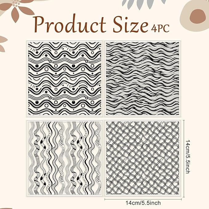 CHGCRAFT 4 Pcs Artistic Wavy Polymer Clay Texture Sheets Wavy Lines Silicone Texture Stamp Seamless Pattern Modeling Pattern Pad Sheets for Jewelry and Earrings Tools, 5.5x5.5 inch