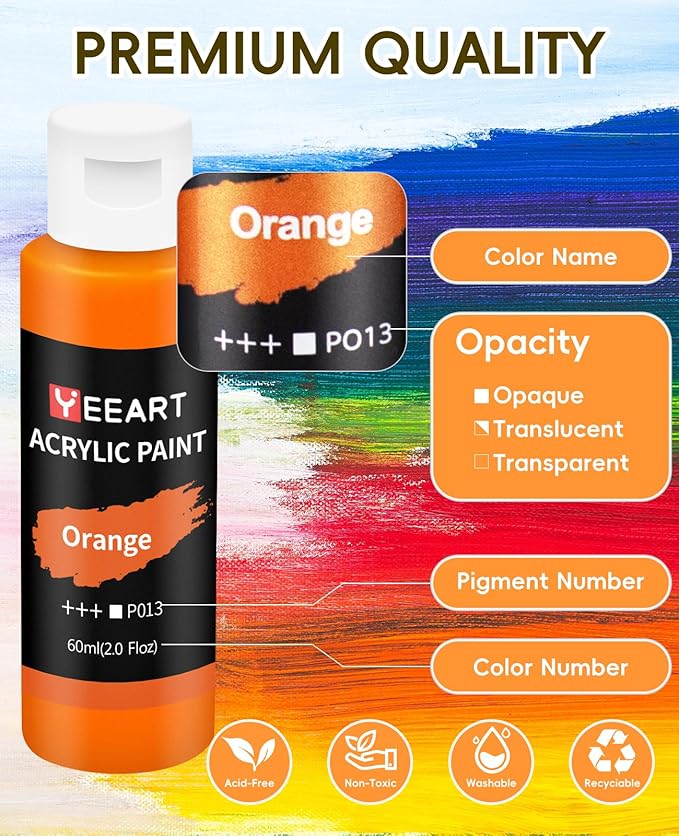 36 Colors Acrylic Paint Set, Yeeart Acrylic Paint, 2oz Bottles, Rich Pigmented Canvas Paint with Extra Metallic Color, Professional Craft Paint Kit, Premium Non-toxic Paints for Artists, Acrylic Paint Set for Kids & Adults, Art Supplies for Canvas Pain...