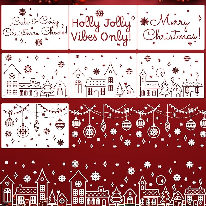 Christmas Stencils for Window Glass Large Christmas Stencils for Crafts Reusable Xmas Village House Holiday Stencil for Painting on Wood Wall Fabrics Decor