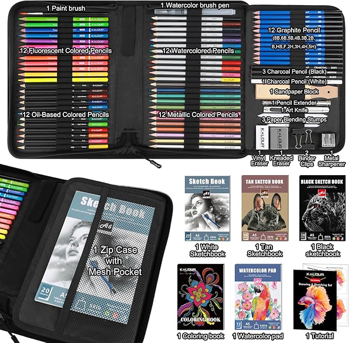 82 Drawing Set Sketching Kit, Art Set with Fluorescent, Colored, Watercolor, Metallic, Graphite, Charcoal Pencils, 5 Sketchbook and Coloring Book, Gift for Artists Adults Teens Beginner