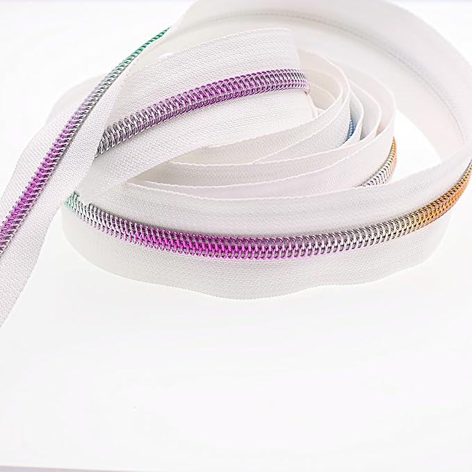 Leekayer #5 Rainbow Teeh Metallic Nylon Coil Zippers by The Yard Bulk 10 Yards White Zipper Tape with 25pcs Silver Ring Pull Sliders for DIY Sewing Tailor Craft Bag(White)