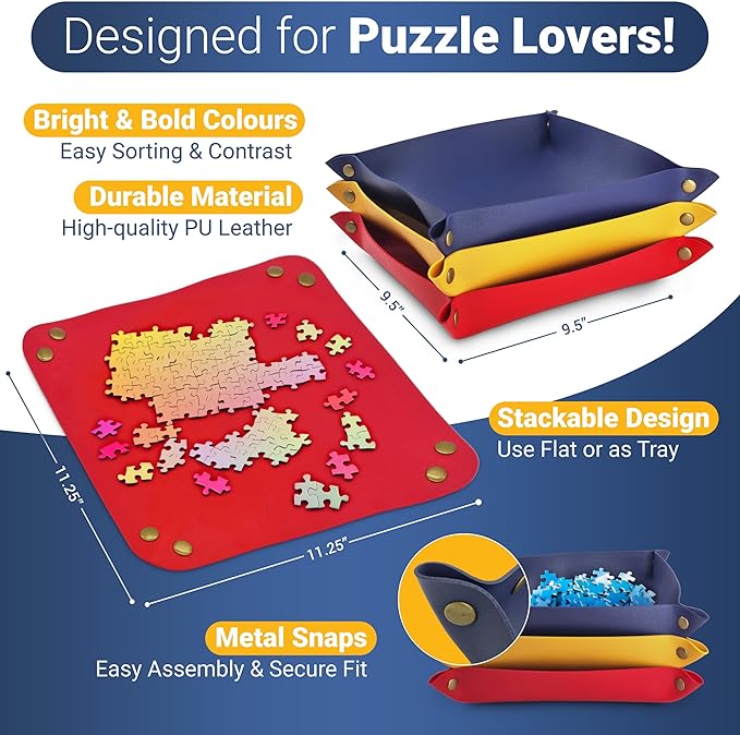 Puzzle Sorting Trays - 3X Large Puzzle Organizer for Sorting 1000 Pieces up to 3000 Pieces, Stackable Jigsaw Accessories for Adults in Red, Yellow and Blue