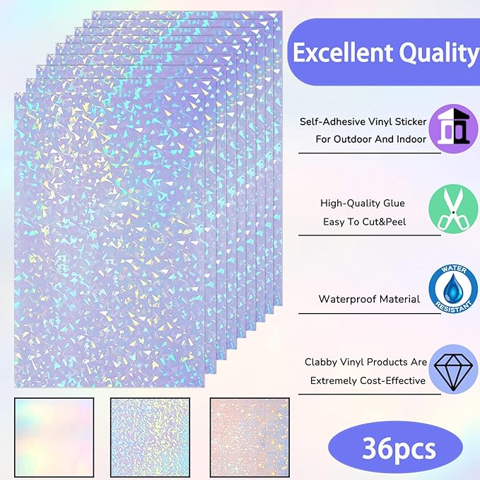 36 Sheets A4 Holographic Paper Sticker Transparent Waterproof Self Adhesive Film 11.7 x 8.3 Inches (Gem, Dot, Colorful, Star)