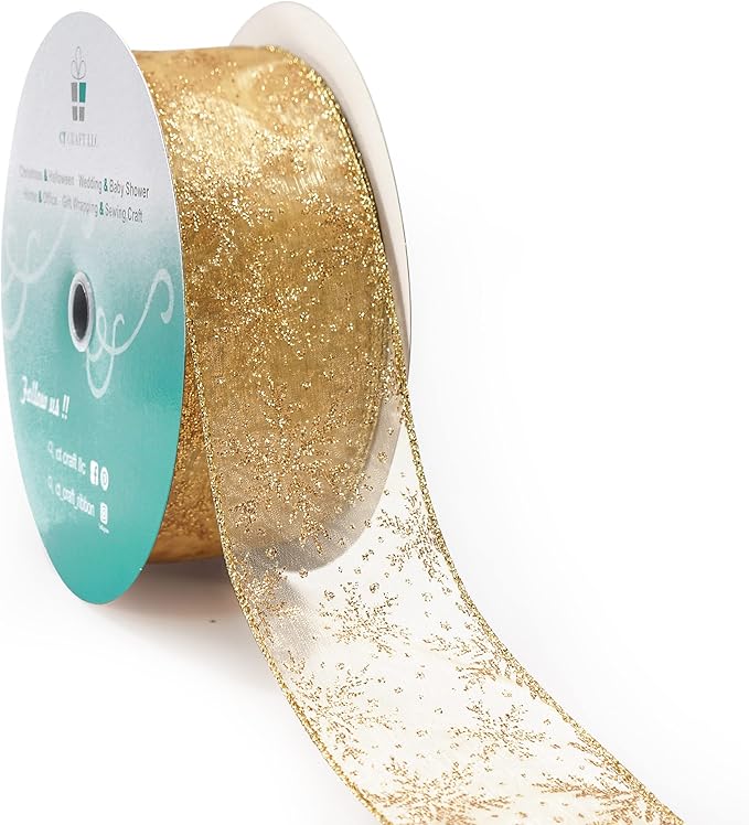 CT CRAFT LLC Organza with Gold Glitter Snowflakes Wired Ribbon 2.5 inch x 50 Yards for Christmas Home Decor Tree Topper Bow Gift Wrapping DIY Crafts Wreath Garland Wedding