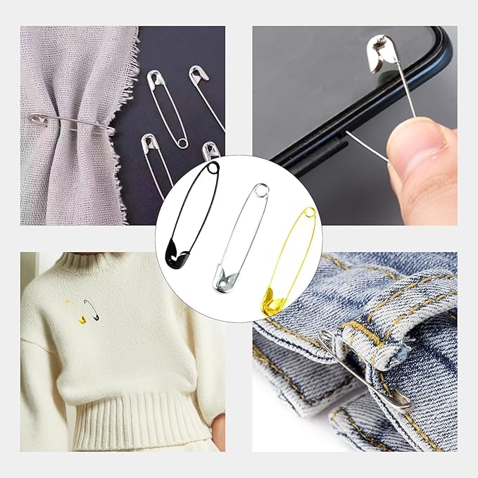 720 Pcs 3 Colors Safety Pins 4 Sizes Strong Safety Pins with Storage Box Assorted for Craft Sewing Art Clothes Jewelry Making(Gold, Black, Silver)
