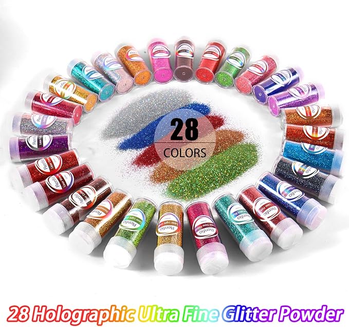 Renfio 28 Colors Holographic Glitter Set, 14.81oz 420g Ultra Fine Glitter Powder PET 1/128" 0.008" 0.2mm Resin Suppies Assorted Craft Glitter for Fake Nails, Resin Art, Tumblers, Slime, Hair, Bomb