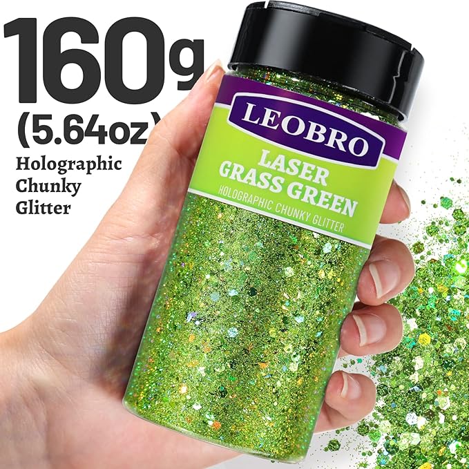 LEOBRO Green Glitter, 160g/5.64oz Light Green Chunky Glitter for Crafts, Resin, Body Nail, DIY Decorations