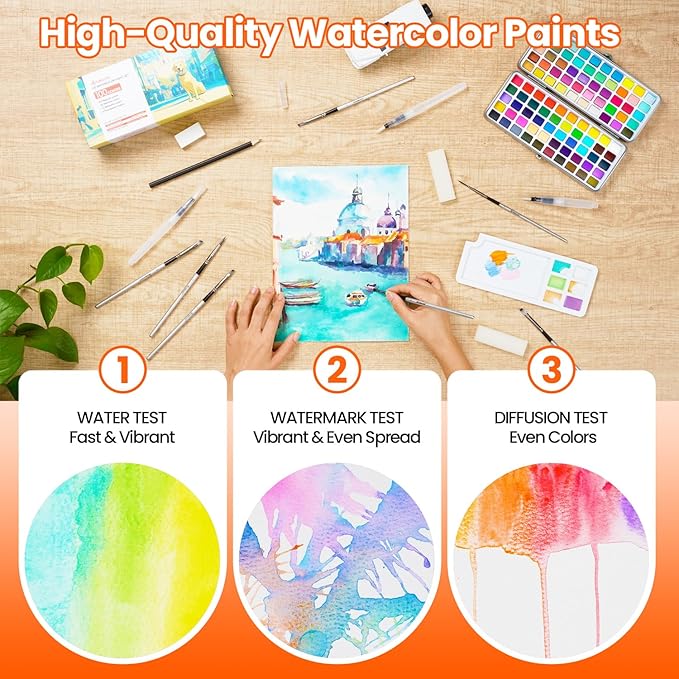Watercolor Paint Set, 100 Colors, Travel Water Colors kit with 9 Brushes, 3 Swatch Cards, Palette set Including Metallic and Accessories Art Supplies Gifts for Kids Artists Teens Adults and Hobbyists