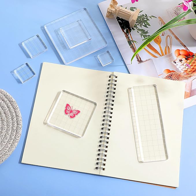 7 Pieces Acrylic Clear Stamp Block Clear Stamping Tools Set Decorative Stamp Blocks with Grid Lines for Scrapbooking Crafts, Card Making, DIY Projects (Assorted Sizes)
