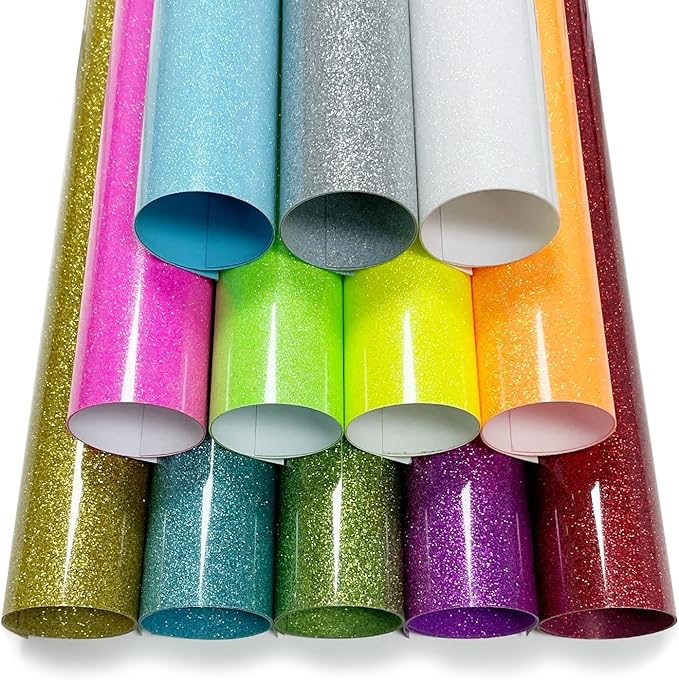 Glitter Heat Transfer Vinyl Multicolored 12"x10"-12PCS Glitter Iron on Vinyl for T Shirts Easy to Cut and Weed Compatible with All Cutter Machines HTV Iron onVinyl for Cricut (Multicolored)