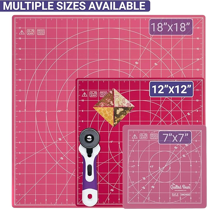 The Quilted Bear Rotating Cutting Mat 12" x 12" - Locking & Rotating Self Healing Cutting Board for Sewing, Fabric & Quilting - 360 Degree Sewing Supplies Mat for Craft Table (Pink)