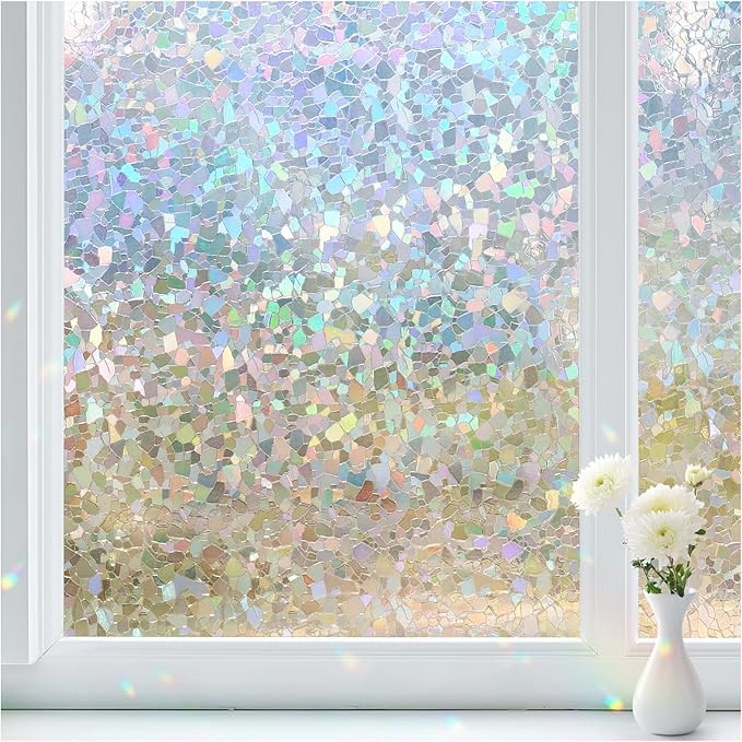 Haton Window Privacy Film, Rainbow Stained Glass Window Clings, 3D Decorative UV Sun Blocking Sticker, Removable Static Cling Heat Control Tint for Home Door, 23.6" x 157.4" Non-Adhesive