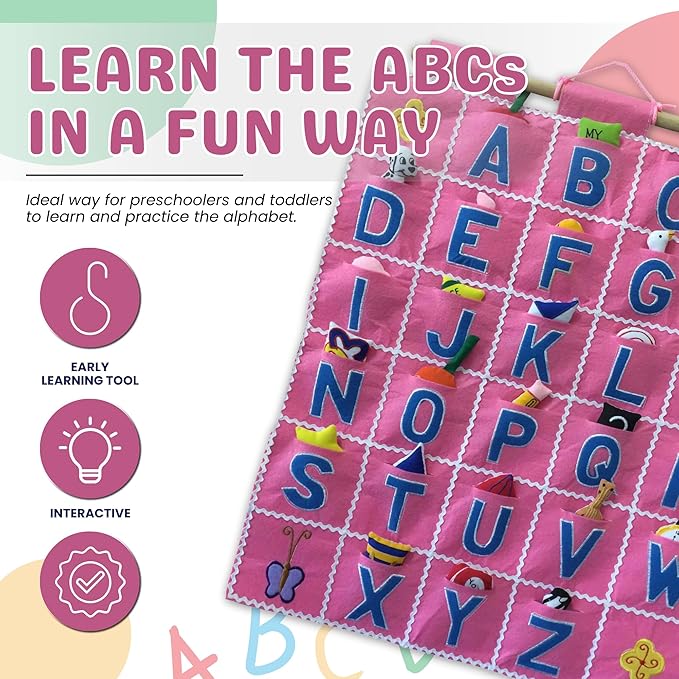 Pockets of Learning Pink ABC Felt Wall Hanging Chart - Early Education Alphabet Fabric Wall Décor for Children's Room | Engaging Educational Learning Art for Kids with Fabric Objects in Pocket