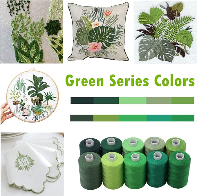 Simthread All Purposes Sewing Thread, 10 Spool Assorted Green Series 1000 Yards Each Bobbin Polyester Thread for Sewing, Handy Polyester Sewing Threads for Sewing Machine - (Natural Green Series)