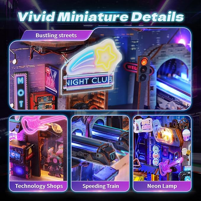 3D Wood Puzzle Book Nook Kit, Futuristic Miniature Bookshelf Insert with LED Lights, DIY Cyberpunk Bookend Décor for Display, Unique Craft for Adults and Teens (Endless Dimensions)