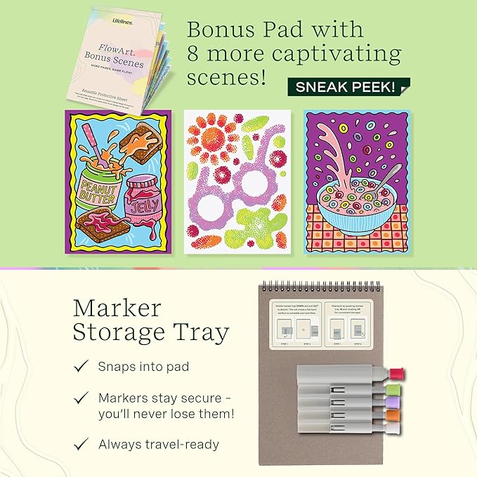 Lifelines FlowArt Activity Pad, 2-Pack & Bonus Pad - Guided Art Meditations with Markers - Hidden Patterns & Pogo-Dot - Coloring Books for Tweens, Adults & Seniors