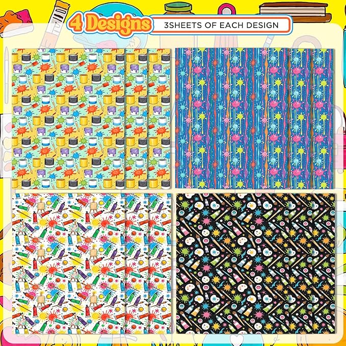 Pineraap 12 Sheets Art Wrapping Paper, Painting Palette Brushes Paint Design Gift Wrap Paper, Creative Art Doodles Folded Flat Gift Wrap for Artists, Birthdays, Celebrations, 19.7 x 27.6 Inch