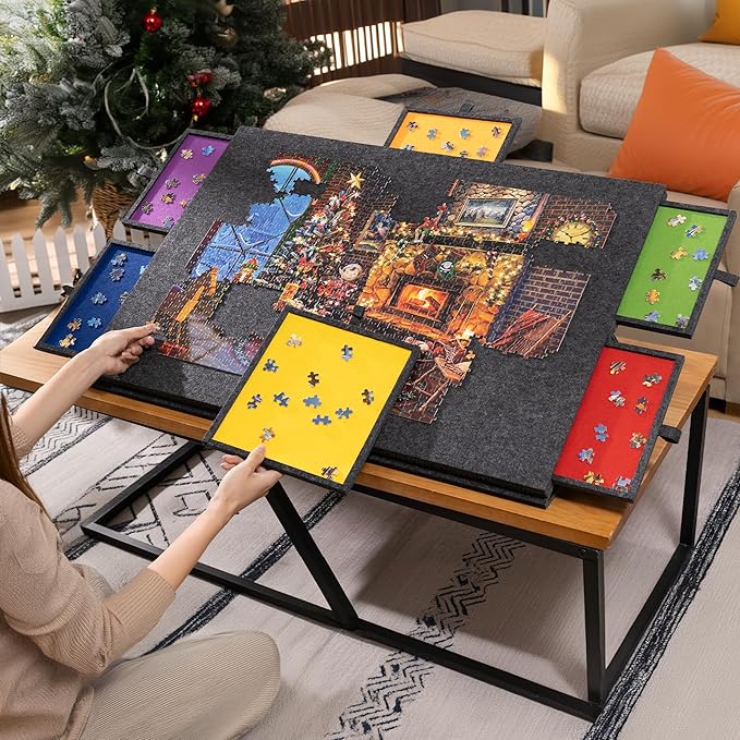 Lavievert 1500 Piece Tilting Puzzle Board with 2-in-1 Designed Stand & Cover, Lightweight Felt Mat Plateau with 6 Colored Drawers, Portable Jigsaw Puzzle Table with Storage for Adults (Dark Gray)