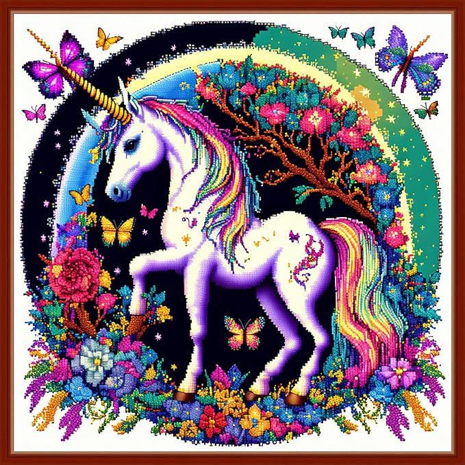Dimensean Stamped Cross Stitch Kits Full Range of Embroidery Patterns Starter Kits for Beginners Adult or Kids DIY Cross Stitches Needlepoint Kits 11CT-Unicorn Flowers 17.7x17.7 inch