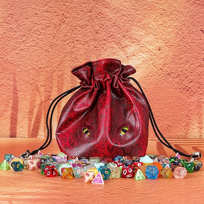 Large DND Dice Bag Leather Dice Storage Bag Red D&D Drawstring Pouch with Pockets for RPG Table Games - Can Hold 200+ Dice