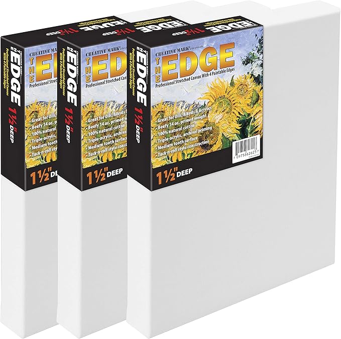 Creative Mark The Edge Deluxe Cotton 1-1/2" Deep Stretched Canvas for Painting, 12x12 Pack of 3, 14oz. Primed Weight, Universal Archival Priming, Medium Tooth, Hand-Stretched Canvas for Painters