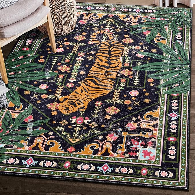 Oriental Tropical Washable Rugs, Black Boho Vintage Distressed Hippie 8x10 Area Rugs for Bedroom Living Room Office Dorm, Abstract Botanical Tribal Indian Accent Dining Room Large Carpet