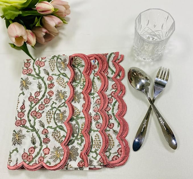 Ridhi Coral Pink Hand Block Print Napkins 18" x 18" Set of 4 Reusable Cotton Dinner Napkins for Weddings, Parties & Everyday Dining, Thanksgiving, Christmas, Fall