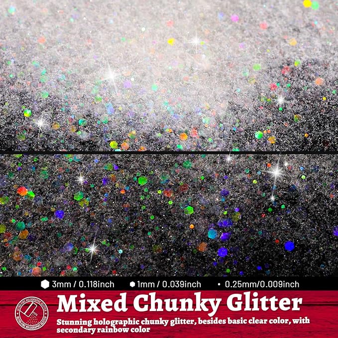 LEOBRO White Glitter, 160g/5.64oz Holographic Chunky Glitter for Crafts, Resin, Nail Body, Tumblers, Party Decorations