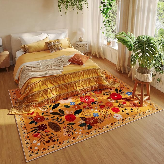 Rugcomf Living Room Rug 5x7 Rug Machine Washable Boho Area Rug Non Slip Floral Vintage Low Pile Large Rugs for Living Room, Bedroom, Farmhouse, Dining Room, Kids Playroom(Yellow)