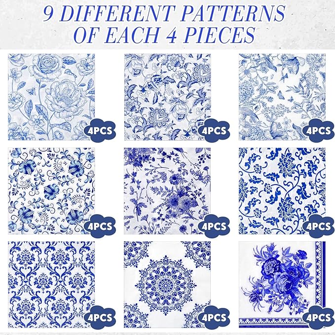 Crtiin 36 Pack 9 Styles Decoupage Napkins Assorted Floral Decorative Decoupage Napkins Chinoiserie Cocktail Paper for DIY Crafting Birthday Party, Each Unfolded 13 Inch(Blue and White Floral)