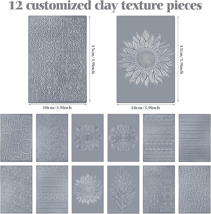 12 Pcs Polymer Clay Texture Sheets Mat Works with Polymer Clay Cutter Embossin Roller DIY Tools for Pottery Earrings Jewelry Making DIY Craft Supply