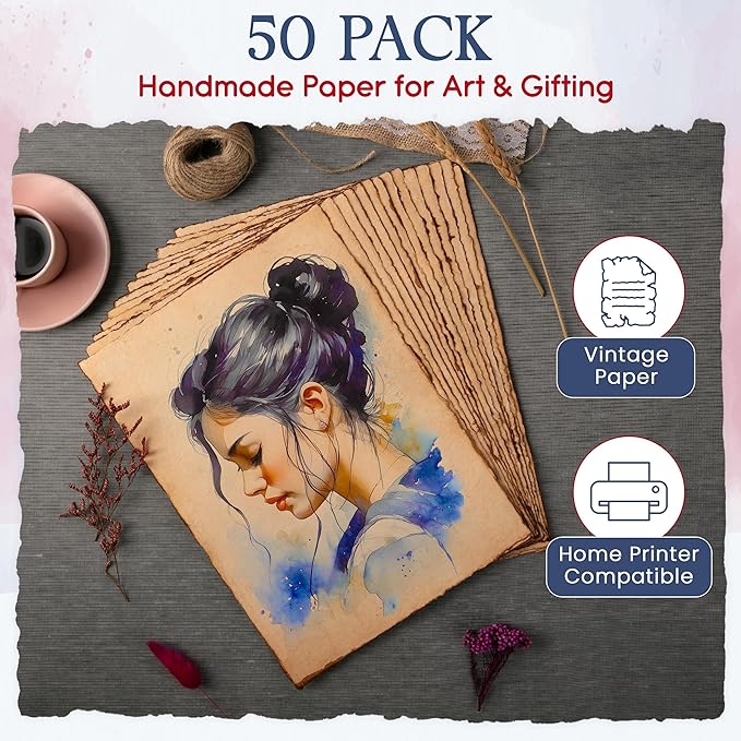 Wanderings Handmade Antique Deckle Edge Blank Paper - 8.25 x 11.7 - A4 Size Package of 50 - Recycled Watercolor Mixed Media Loose Leaf Paper for Writers Invitations Crafts - Thick 150 GSM