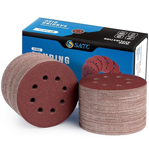 S SATC 150 PCS Sanding Discs 80 Grit Hook and Loop 5 Inch 8 Hole Adhesive Sandpaper for Woodworking and Automotive