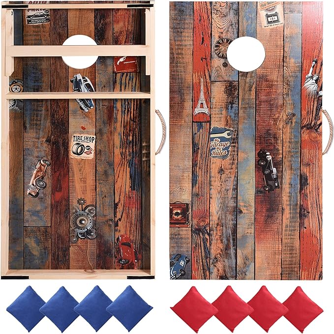 Solid Wood Vintage Cornhole Game Set, Two 4'x2'Cornhole Boards, 8 Cornhole Bags for Indoor and Outdoor Toss Games Competitions, Tournaments