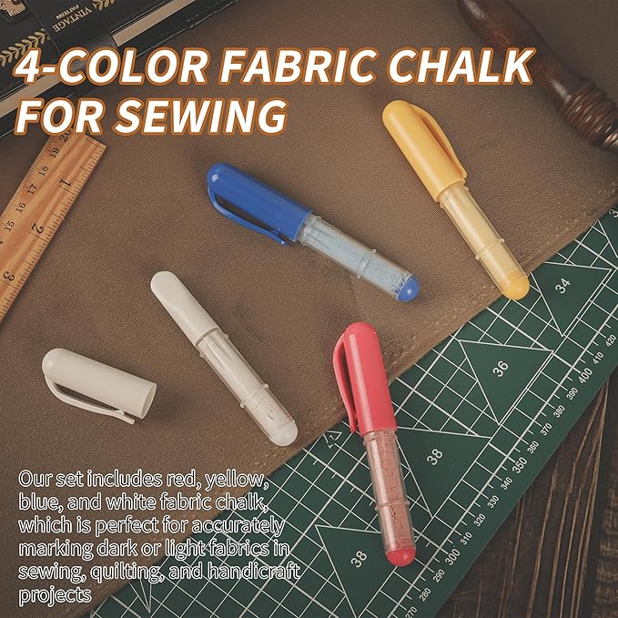 (4-pack) Fabric Chalk Markers (Red, Yellow, Blue, White) -Erase Tailor’s Chalk for Quilting and Sewing - Compatible with Most Fabrics - With Dosing Wheel Technology, 4 Colors