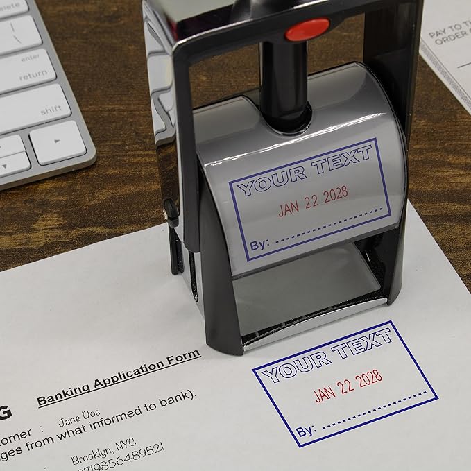 MaxMark Heavy Duty Self Inking Date Stamp with Phrase Entered - 2 Color Blue/Red Ink